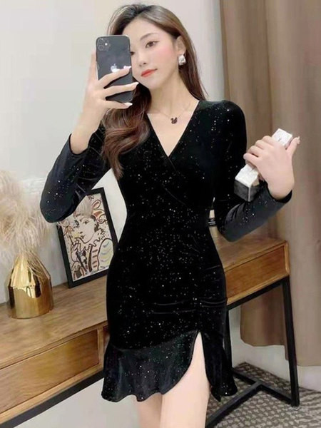 Naiste lühike V-kaelusega pidulik kleit