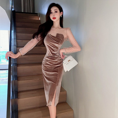 Γυναικείο βελούδινο φόρεμα με δικτυωτό πλέγμα