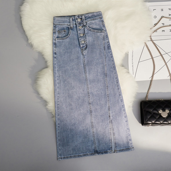 Fusta de dama lunga din denim cu talie inalta
