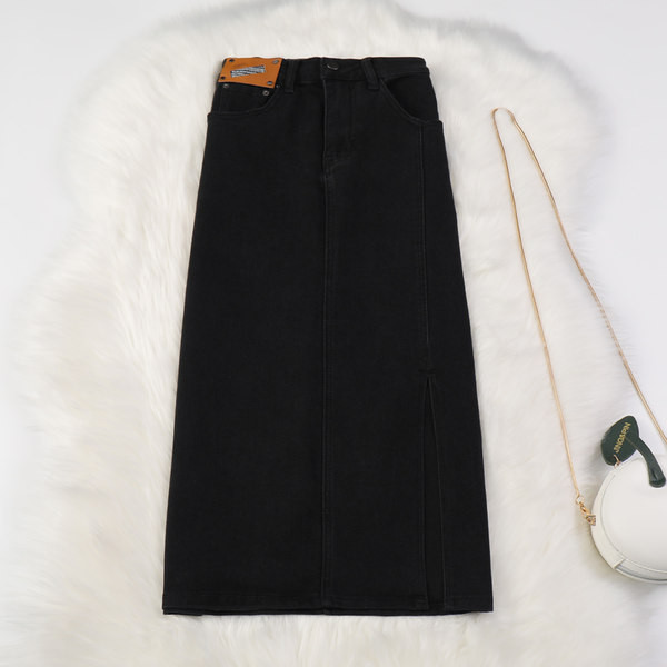 Naiste pikk teksaseelik kõrge vöökoha ja taskutega