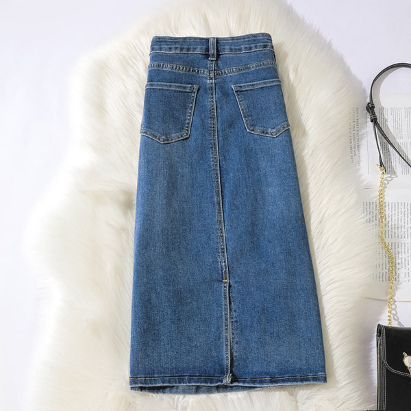 Fusta lunga denim cu buzunare