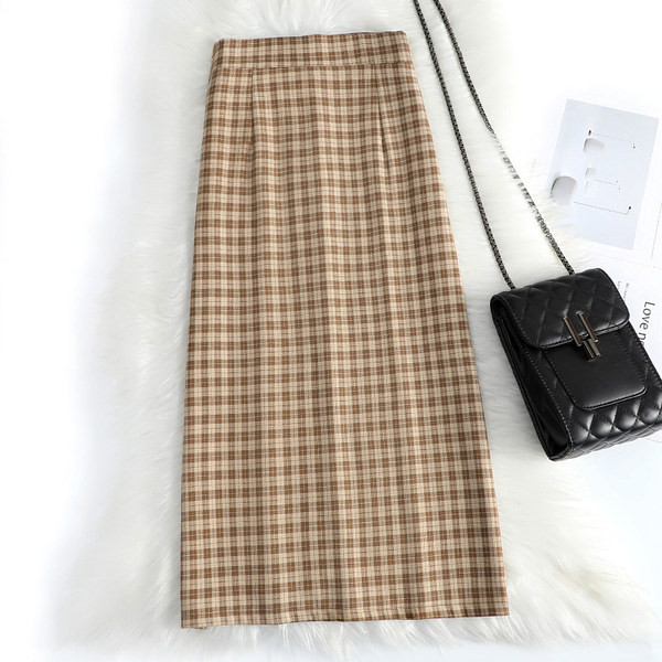 Fusta de dama lunga in carouri cu talie inalta