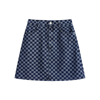 Fusta scurta din denim in carouri