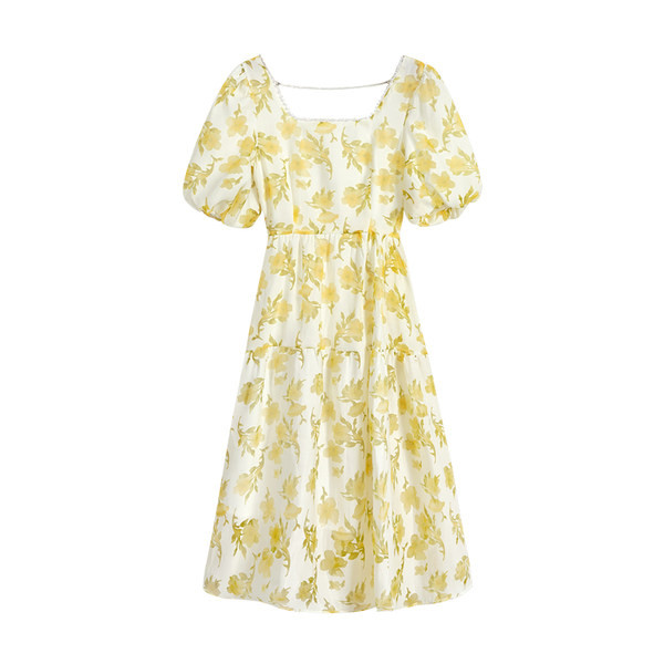 Lühikeste varrukate ja kandilise kaelusega vabaaja kleit