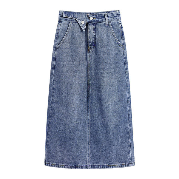 Naiste kõrge vöökoha ja nööpkinnitusega teksaseelik