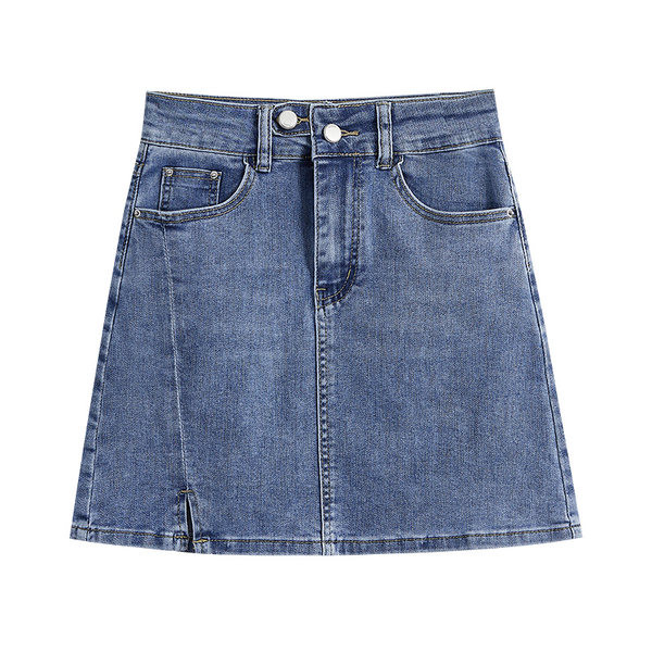 Lühike kõrge vöökohaga sinist naiste teksaseelik