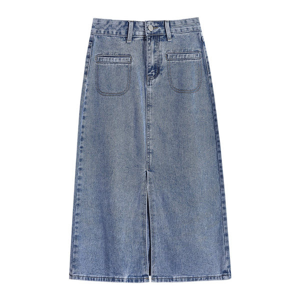 Pikk teksaseelik kõrge vöökoha ja taskutega