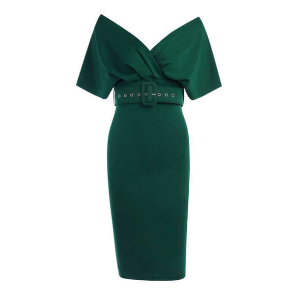 Елегантна дамска рокля с голи рамене и колан