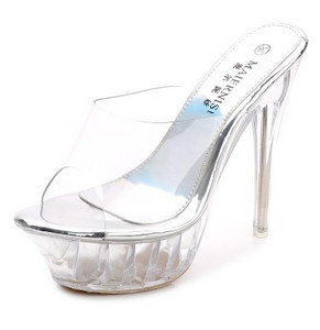 Стилни дамски чехли - прозрачни с тънък ток 14см