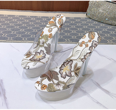 Стилни дамски чехли - прозрачни с тънък ток 14см