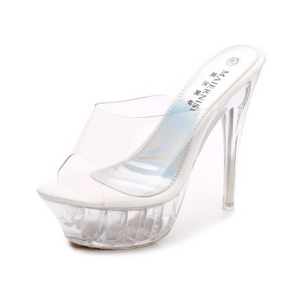 Стилни дамски чехли - прозрачни с тънък ток 14см