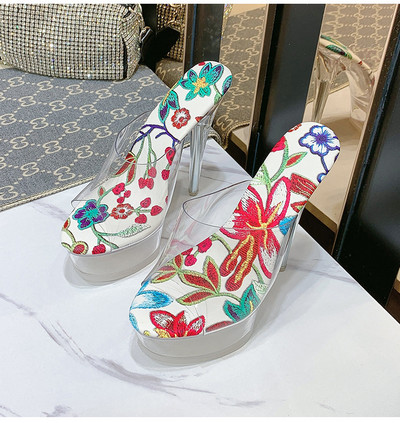 Стилни дамски чехли - прозрачни с тънък ток 14см