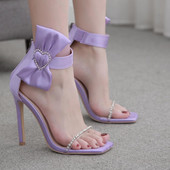 Дамски сандали с тънък, висок ток -11 см панделка със сърце