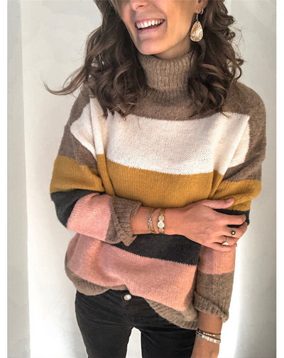 Дамски пуловер на райе - поло яка