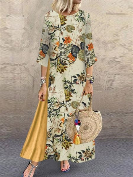 Дълга рокля с флорални мотиви и 3/4 ръкав