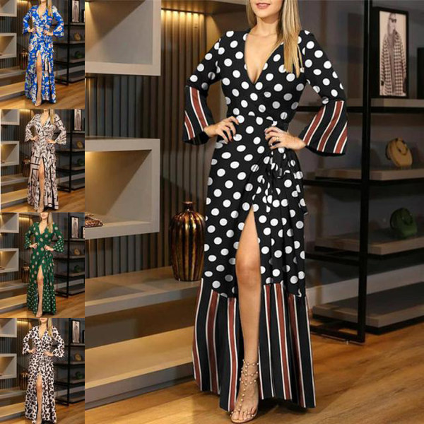 Дамска дълга рокля с V-образно деколте и лотос ръкави