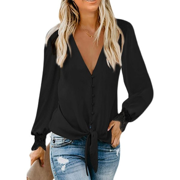 Ежедневна широка риза с дантела и дълбоко шпиц деколте