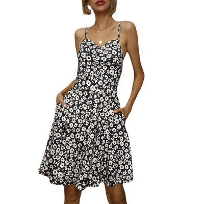 Лятна рокля с тънки презрамки и флорален десен