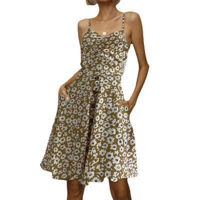 Лятна рокля с тънки презрамки и флорален десен