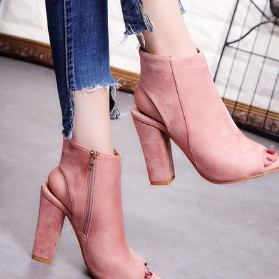 Модерни летни боти от еко велур с висок ток и цип