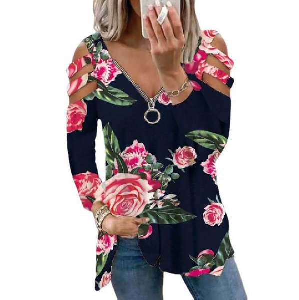 Дамска широка блуза с цип и флорален десен 