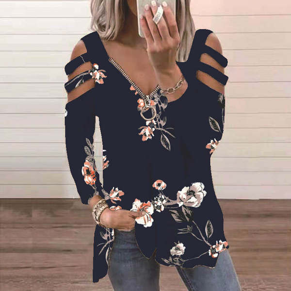 Дамска широка блуза с цип и флорален десен 