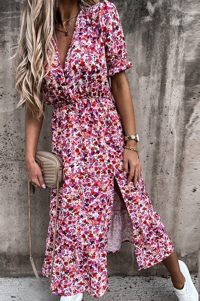 Дамска дълга рокля с V-образно деколте и флорални мотиви