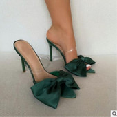 Дамски заострени чехли с висок тънък ток 11.5см и панделка
