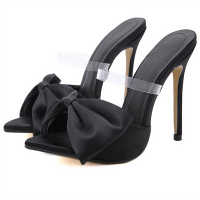 Дамски заострени чехли с висок тънък ток 11.5см и панделка