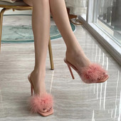 Дамски чехли с висок тънък ток  9см и пух