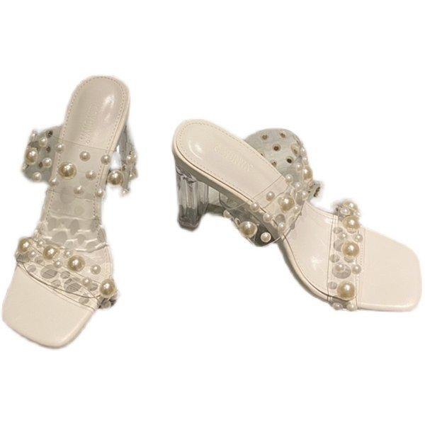 Дамски чехли с декоративни перли с 8см ток