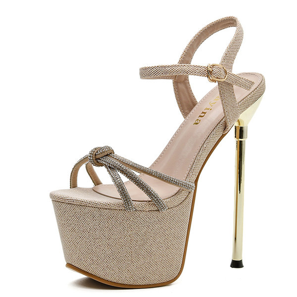 Дамски сандали с висок  тънък ток 17.5см и декоративни камъни