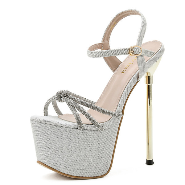 Дамски сандали с висок  тънък ток 17.5см и декоративни камъни