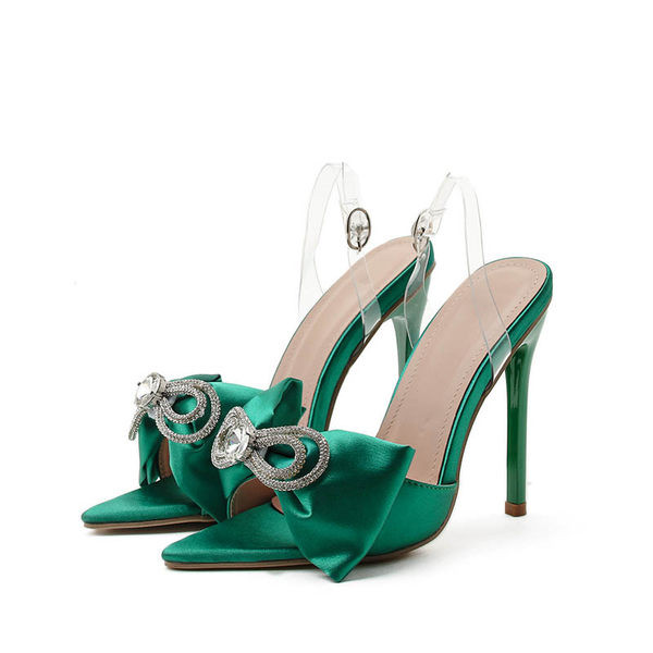 Дамски заострени сандали с панделка и декоративни камъни