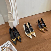 Дамски заострени обувки с висок ток 7см и метална верига