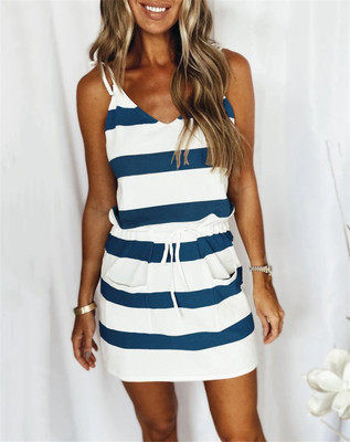 Дамска раирана рокля с презрамки и връзки в няколко цвята