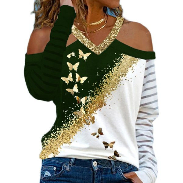 Moteriška palaidinė su špicine iškirpte ir apnuogintais pečiais