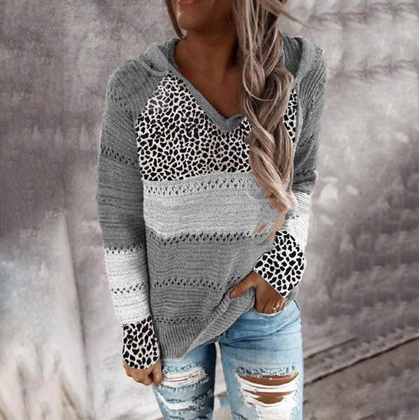 Дамски пуловер с качулка и връзки 