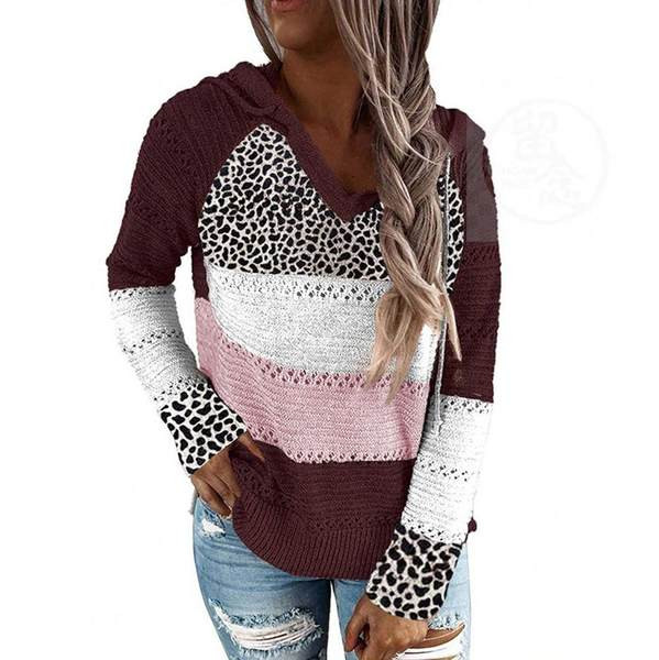 Дамски пуловер с качулка и връзки 