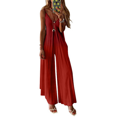 Hosszú, széles női jumpsuit vékony pántokkal