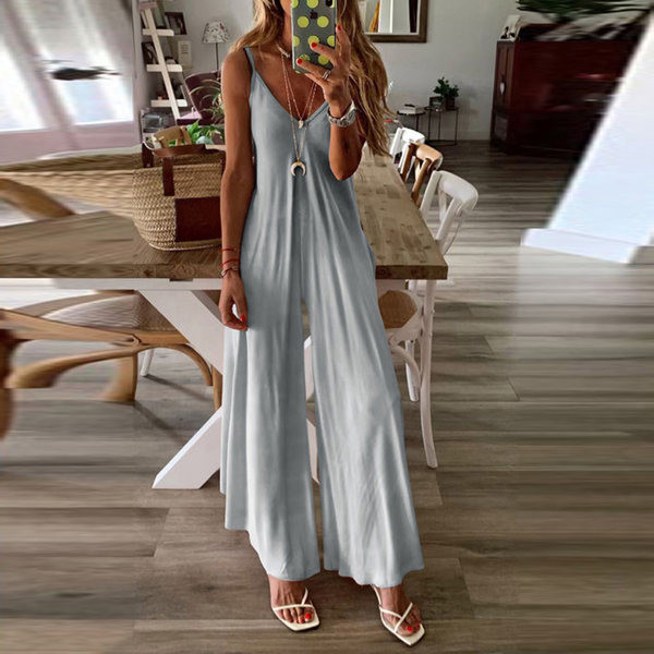 Дълъг дамски широк гащеризон с тънки презрамки 