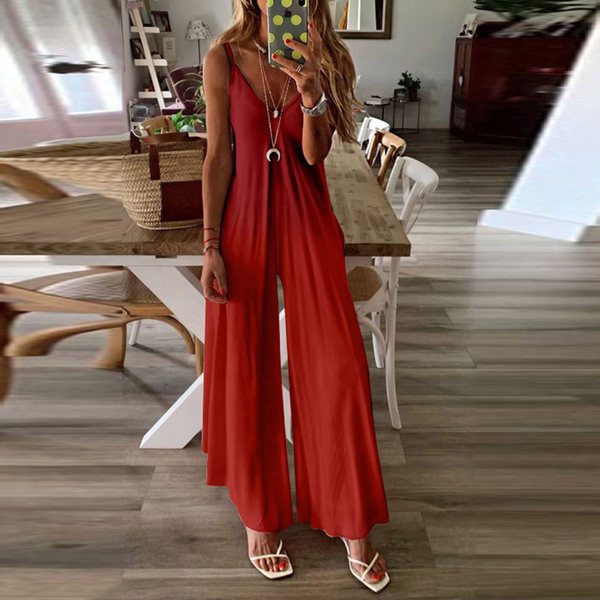 Дълъг дамски широк гащеризон с тънки презрамки 