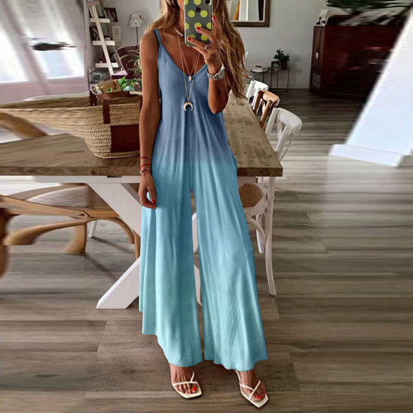 Дълъг дамски широк гащеризон с тънки презрамки 