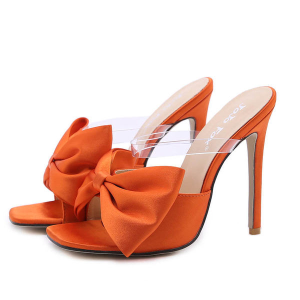 Дамски чехли с панделка и тънък 11см ток