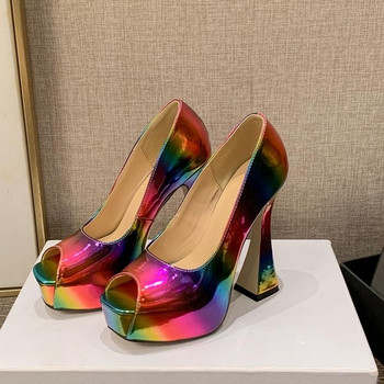 Цветни заоблени дамски обувки с висок ток 13.5см