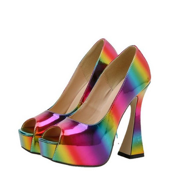 Цветни заоблени дамски обувки с висок ток 13.5см