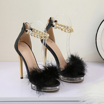 Елегантни дамски сандали с пух и верижка -черен цвят