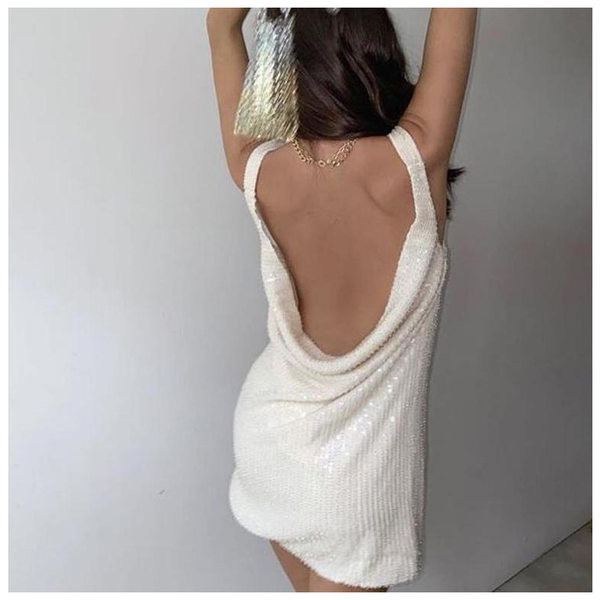 Модерна дамска рокля с пайети в бял цвят