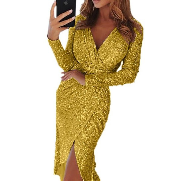 Модерна дамска рокля с лъскави  частици и шпиц деколте