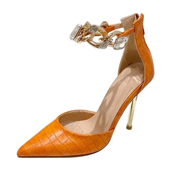 Модерни дамски сандали с метална верижка  и 10см ток